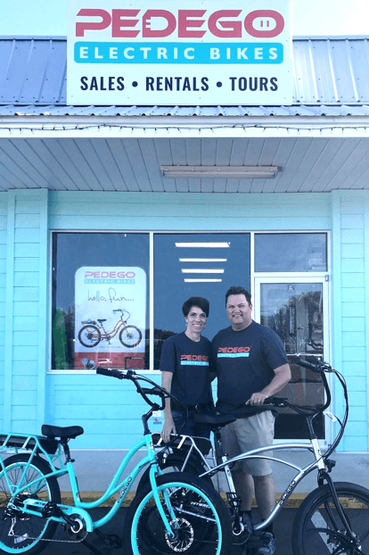 Pedego St. Augustine co-owners Glenn and Annette McIntosh love riding Pedego bikes around the island.|