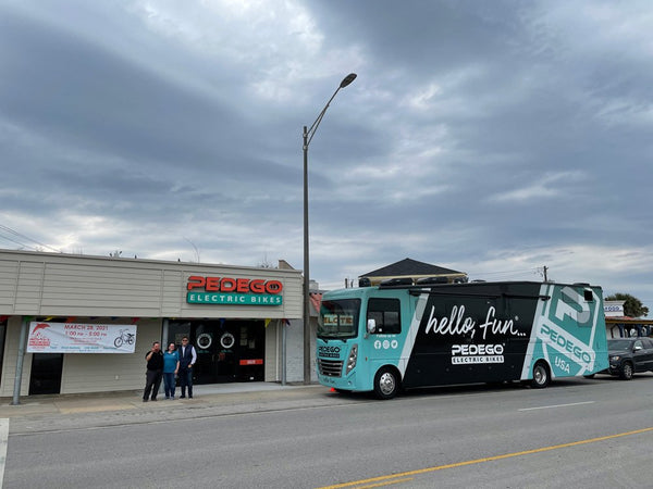 The Hello Fun Mobile outside of Pedego Galveston.|