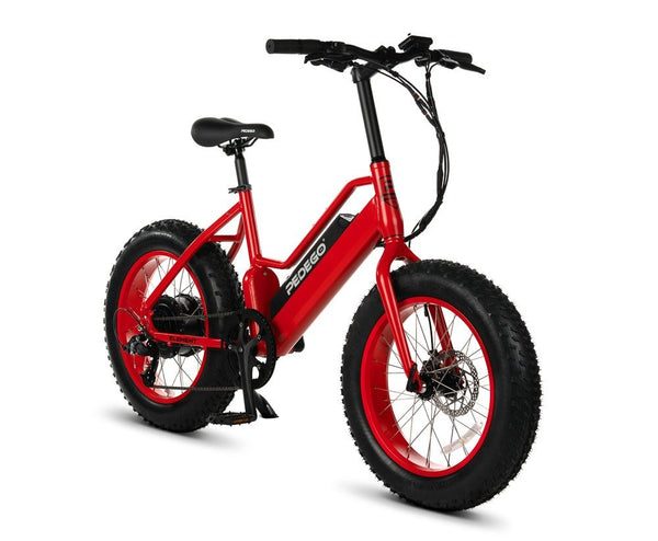 The Element electric bike with 20” x 4” fat tires, a red frame, and red rims|The Element electric bike with 20” x 4” fat tires, a red frame, and red rims
