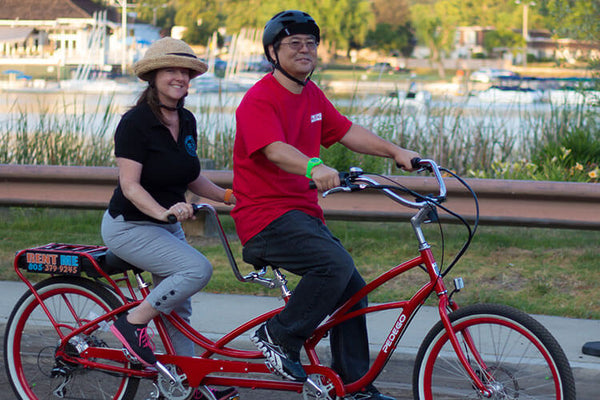 John and Linda riding pedego tandem|