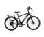 A black Pedego electric bicycle with a rear cargo rack, fenders, and disc brakes, shown from a side profile on a solid white background.