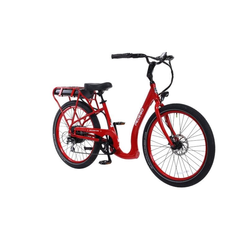 A red Pedego Boomerang Low-Step Electric Bike