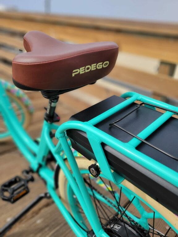 Built to keep you going - Go the extra mile with a Pedego Sattle and Battery on a boardwalk from behind